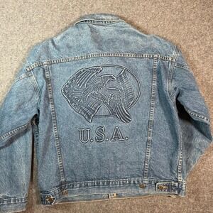 Vtg Tyca USA Denim Jacket Eagle Flag Embroidered Unisex Medium Classic Jean Coat